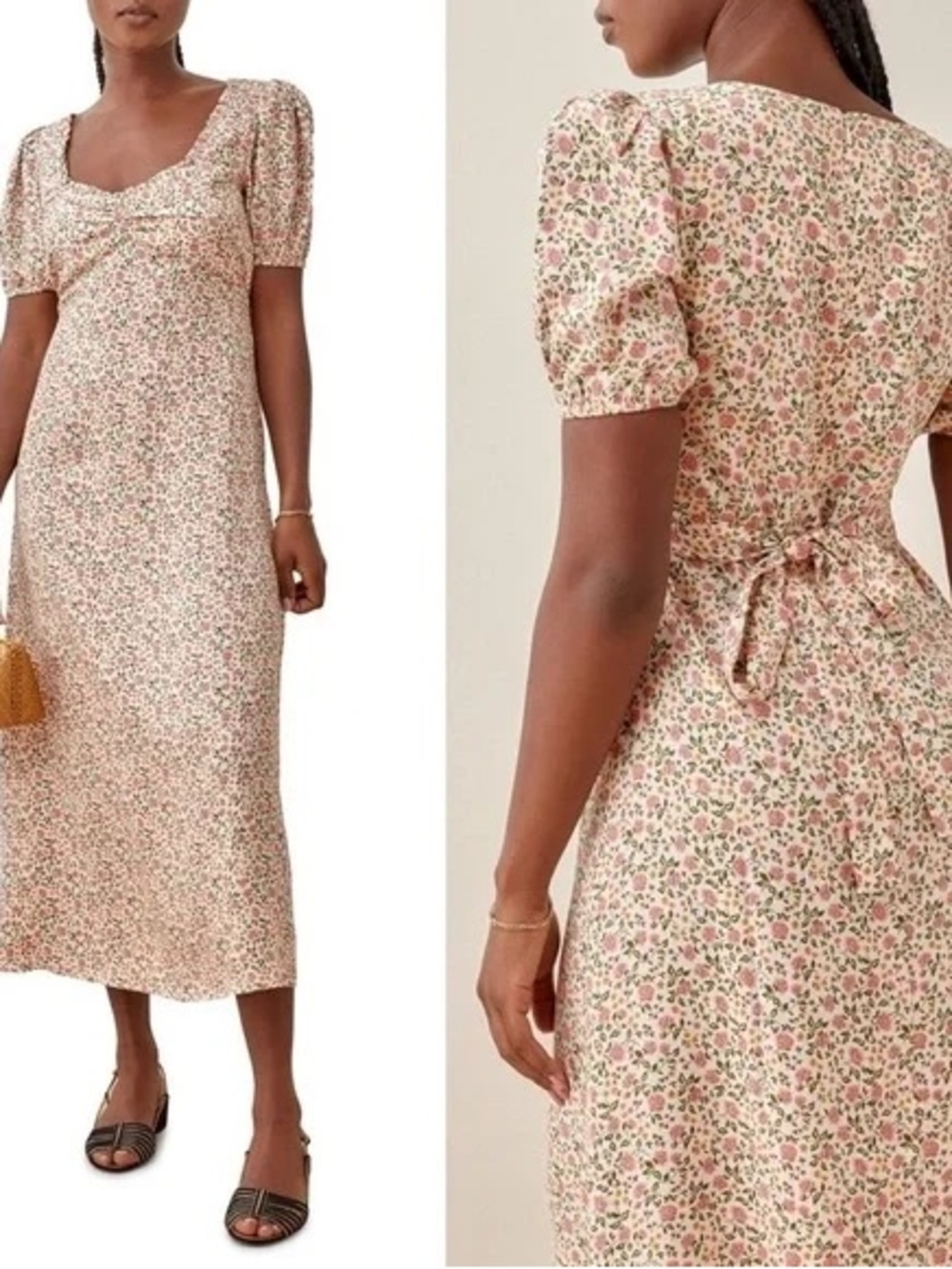 Reformation Kelby Dress Pink and Cream Floral Square-Neck Midi Dress